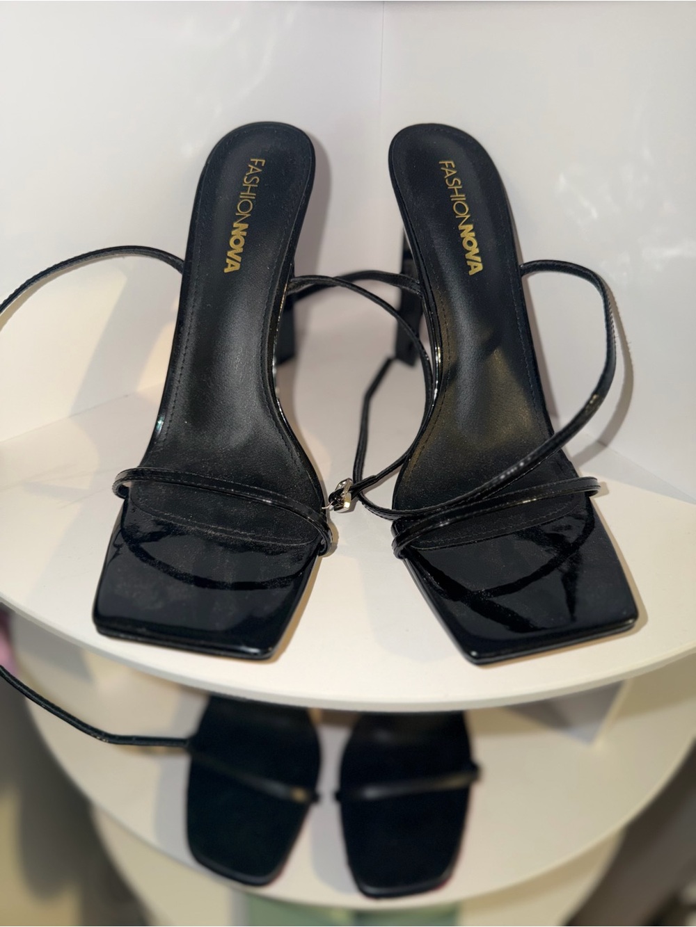 Fashion Nova Black Patent Strappy Square-Toe Heels